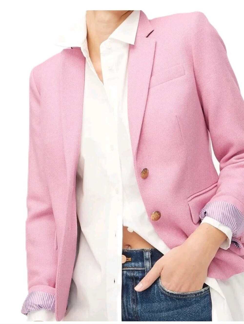 J. Crew Factory Pink Herringbone Wool Blend Schoolboy Blazer Size 22 Gold Button